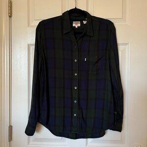 Women's Blue Green Plaid Flannel Shirt with Roll-Up Sleeves Levi's Size Medium